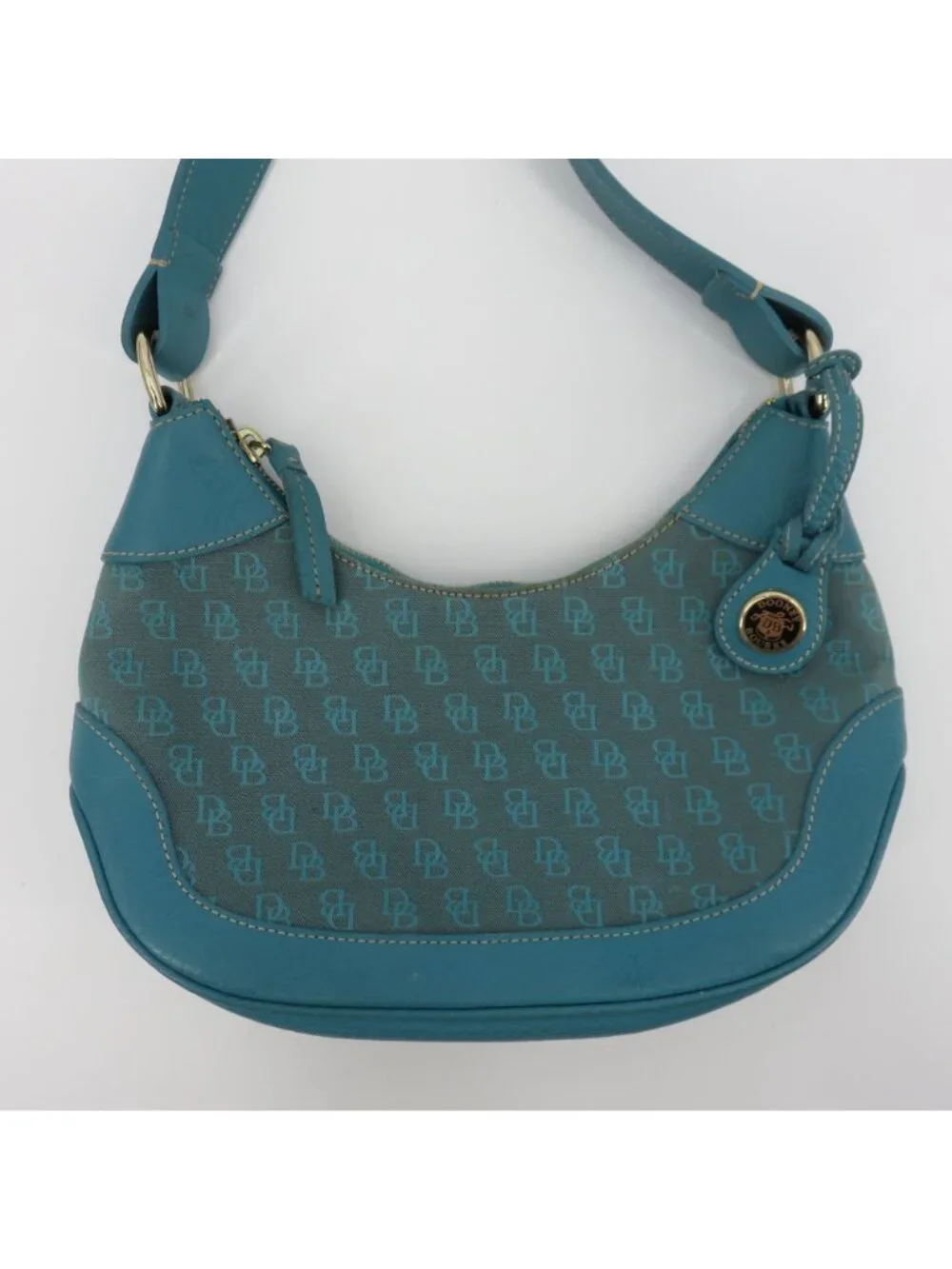 Dooney and Bourke Signature DB Logo Jacquard Hobo Shoulder Bag Blue Leather Y2K